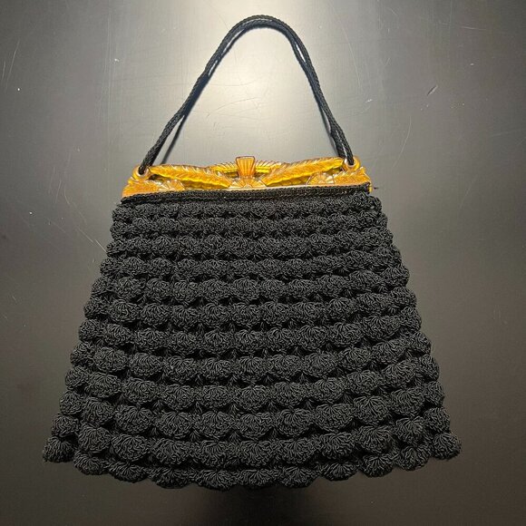 Source Unknown Handbags - Popcorn Crochet Black Shoulder Purse With Celluloid Frame And Chain Vintage Boho